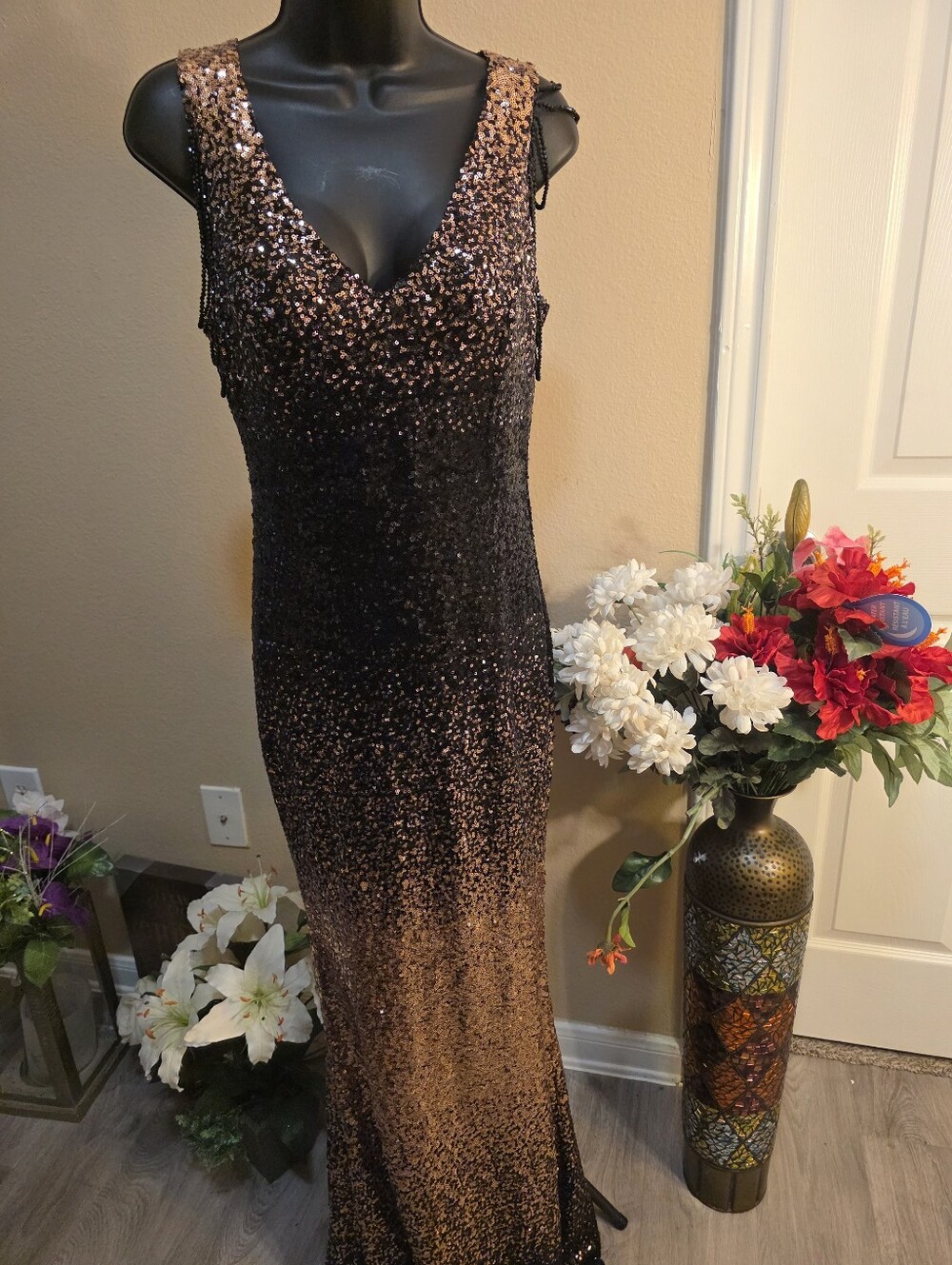 Sleeveless Sequin Ombre Maxi Dress in Bronze and Black